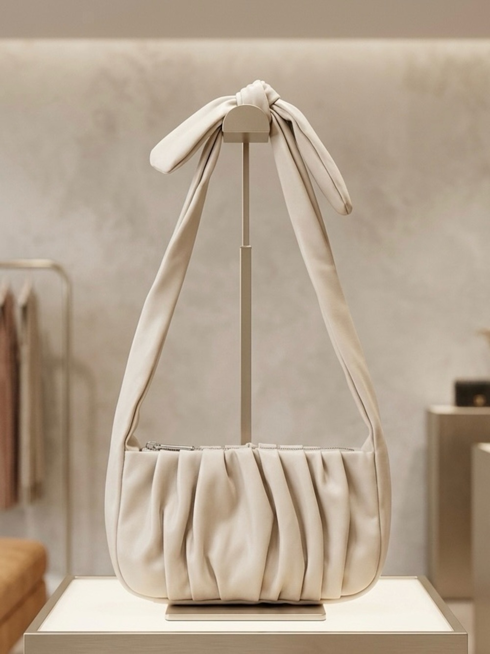 bp Cream Pleated Shoulder Bag with Knotted Strap